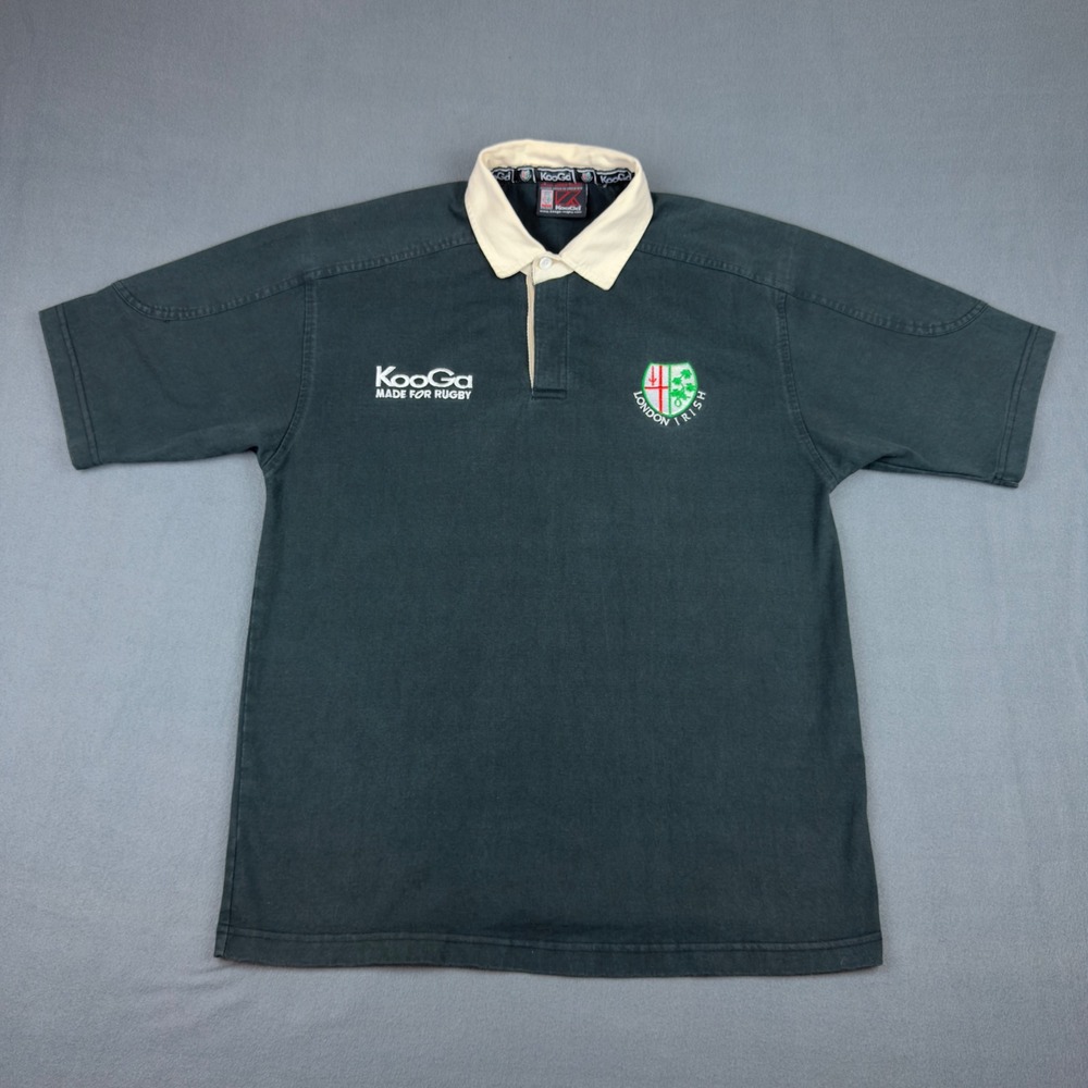 KooGa London Irish Rugby Shirt Mens Medium Green Short Sleeve Pint Back Graphic